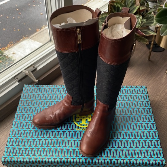 Tory Burch Rosalie 30mm Riding Boots, Almond/ Charcoal, Size 6.5 - Picture 2 of 14